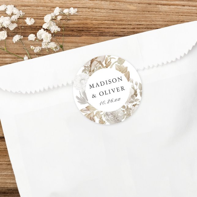 Elegant Earthy Floral White Wedding Favour Classic Round Sticker (Creator Uploaded)
