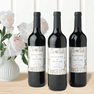 Elegant Earthy Floral White Wedding Wine Label