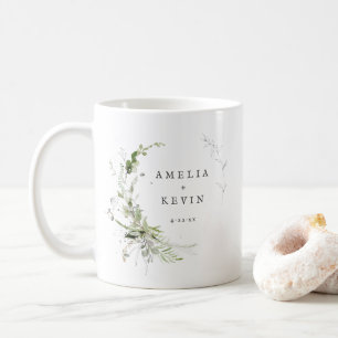 Elegant Earthy Greenery Personalised Names Date Coffee Mug