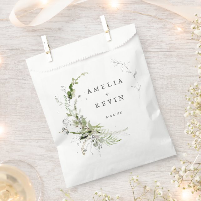 Elegant Earthy Greenery Personalised Names Date  Favour Bags (Clipped)