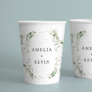 Elegant Earthy Greenery Personalised Names or Date Paper Cups