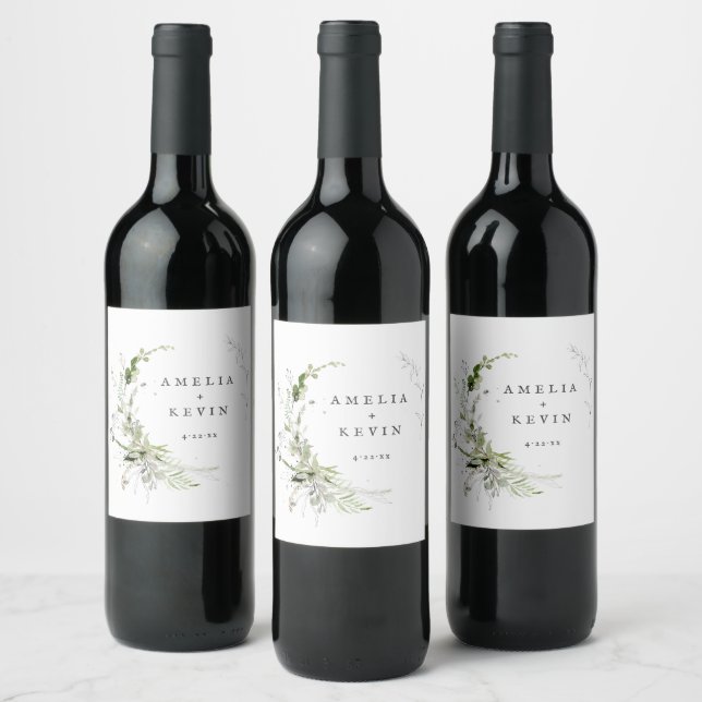 Elegant Earthy Greenery Personalised Names Wine Label (Bottles)