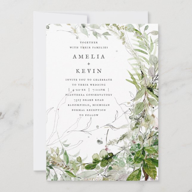 Elegant Earthy Greenery Watercolor Invitation (Front)
