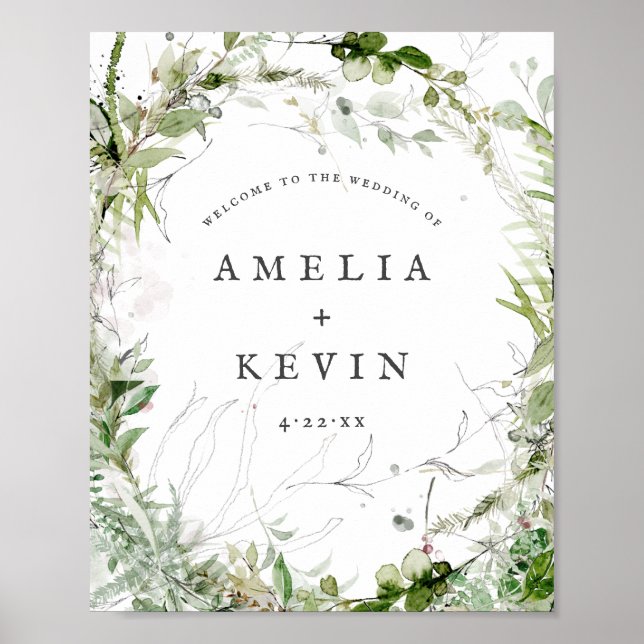 Elegant Earthy Greenery Watercolor Names Wedding Poster (Front)