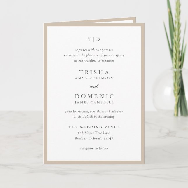Elegant Earthy Neutral Monogram Modern Wedding Invitation (Front)