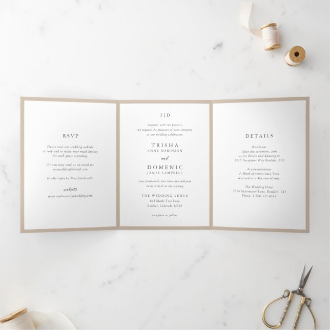 Elegant Earthy Neutral Monogram Modern Wedding Tri-Fold Invitation (Inside)