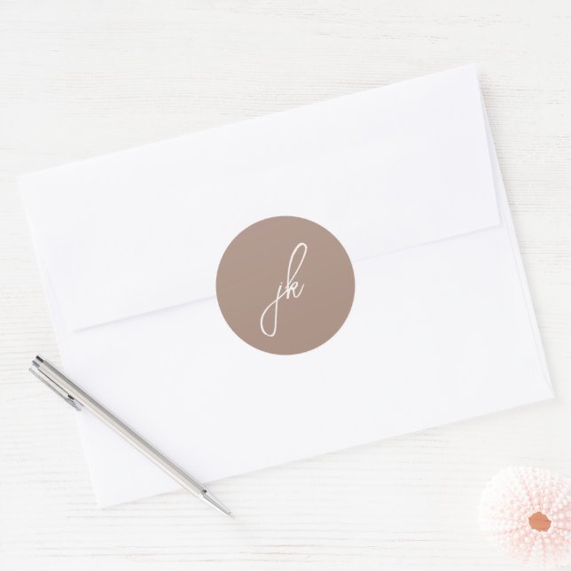 Elegant Earthy Neutral Script Monogram Wedding Classic Round Sticker (Envelope)