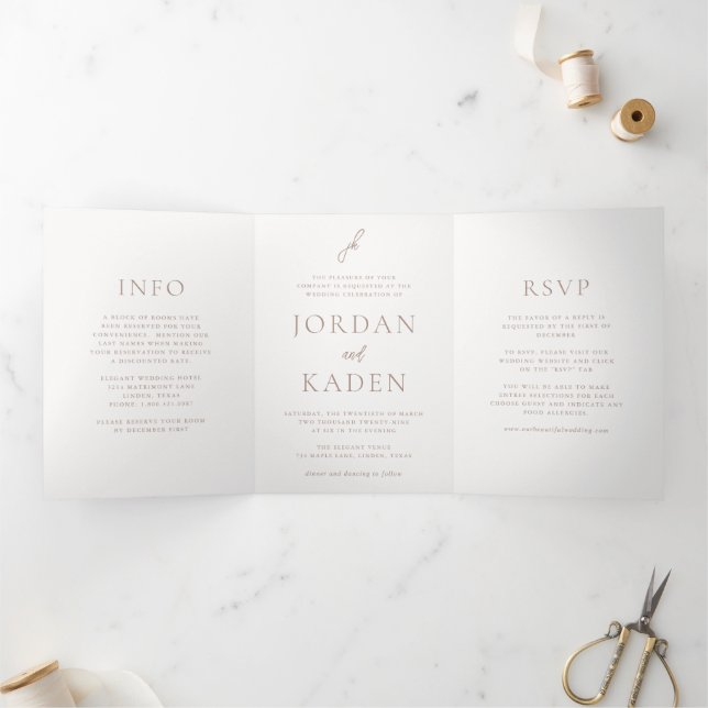 Elegant Earthy Neutral Script Monogram Wedding Tri-Fold Invitation (Inside)