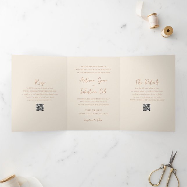 Elegant Earthy Neutrals QR Code Modern Wedding Tri-Fold Invitation (Inside)