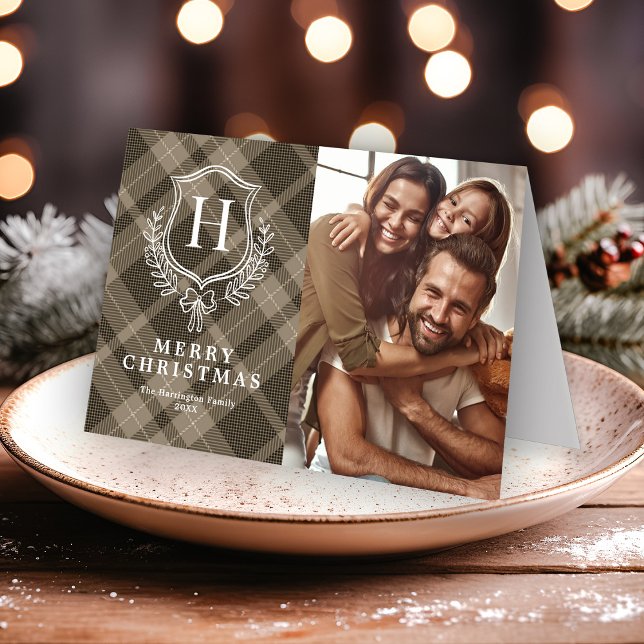 Elegant Earthy Plaid Monogram Photo Christmas Holiday Card (Creator Uploaded)