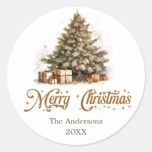 Elegant earthy tones greenery gold Christmas tree Classic Round Sticker