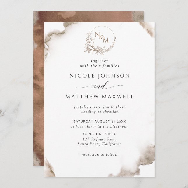 Elegant Earthy Tones Watercolor, Monogram Wedding Invitation (Front/Back)