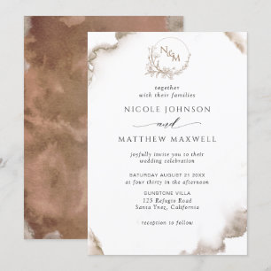 Elegant Earthy Tones Watercolor, Monogram Wedding Invitation