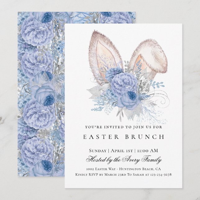 Elegant Easter Brunch Floral Blue Invitation (Front/Back)