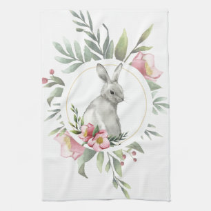 Elegant Easter Bunny Floral Tea Towel