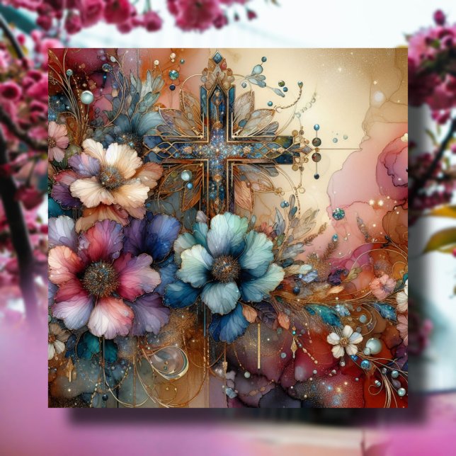 Elegant Easter Cross Watercolor Flowers Christian  Holiday Card (Creator Uploaded)