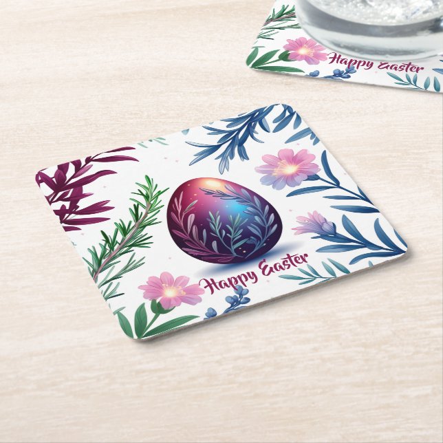 Elegant Easter Egg Botanical Art Square Paper Coaster (Angled)