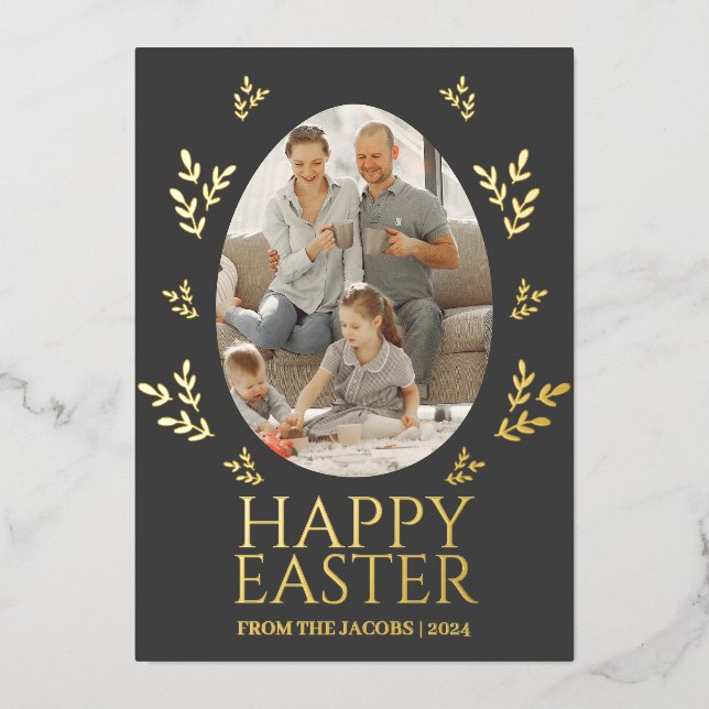 Elegant Easter Egg Family One Photo Foil Holiday Card (Front)