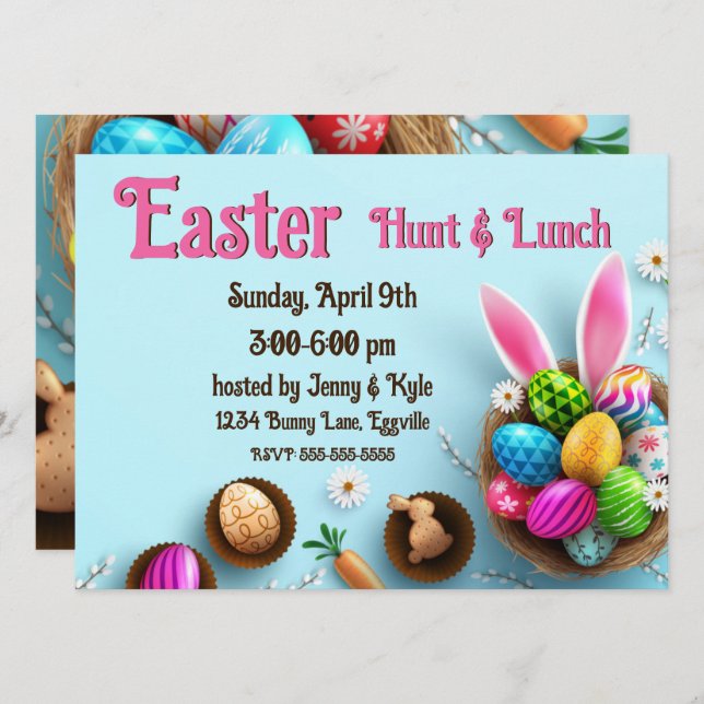 Elegant Easter Egg Nest and Ears Invitation (Front/Back)