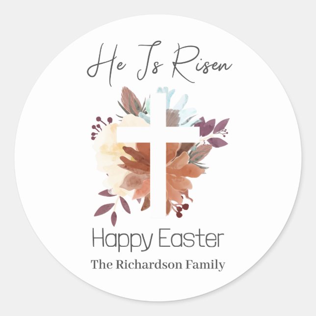  Elegant Easter Floral Calligraphy Christian Cross Classic Round Sticker (Front)
