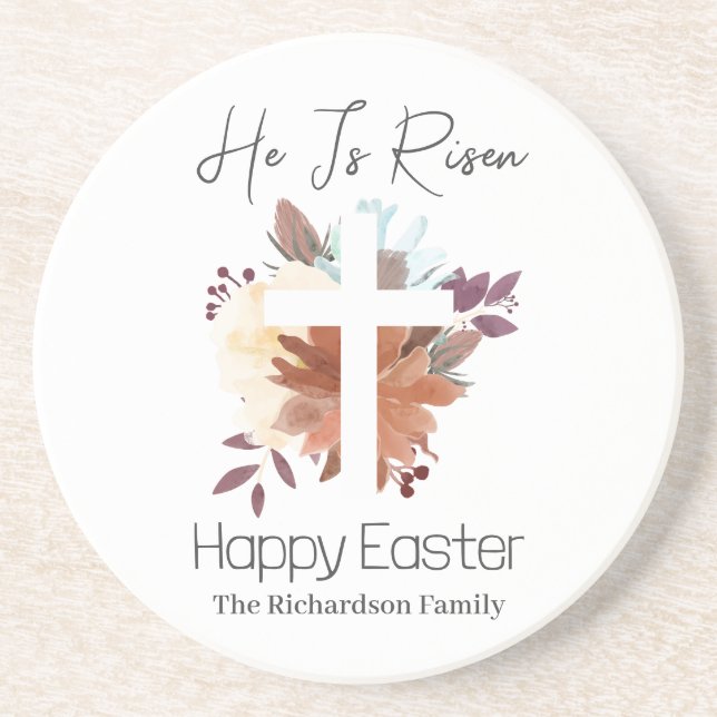  Elegant Easter Floral Calligraphy Christian Cross Coaster (Front)