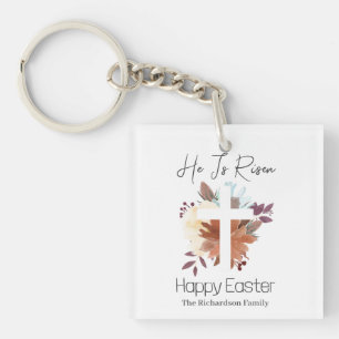 Elegant Easter Floral Calligraphy Christian Cross Key Ring