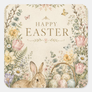Elegant Easter Greeting,Blue White Porcelain style Square Sticker