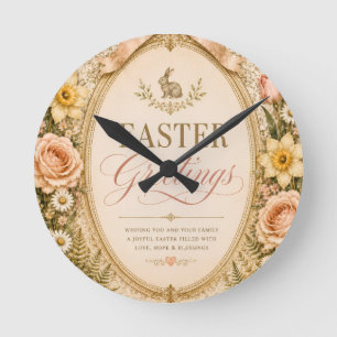 Elegant Easter Greeting ,Vintage Botanical style Round Clock