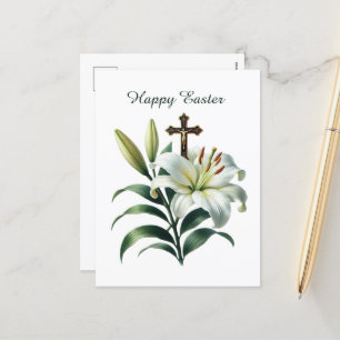 Elegant Easter Lilly Cross religious Holiday Postcard