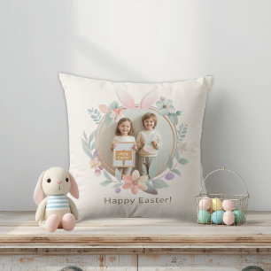 Elegant Easter Photo Pillow   Bunny Wreath Design