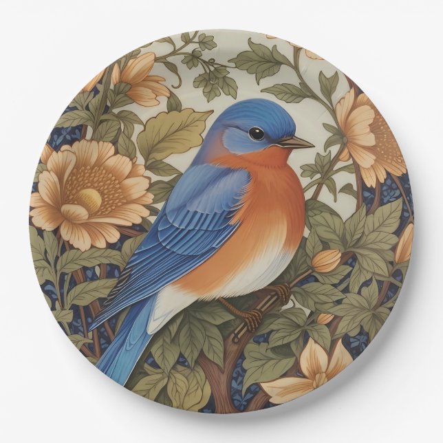 Elegant Eastern Bluebird William Morris Inspired Paper Plate (Front)
