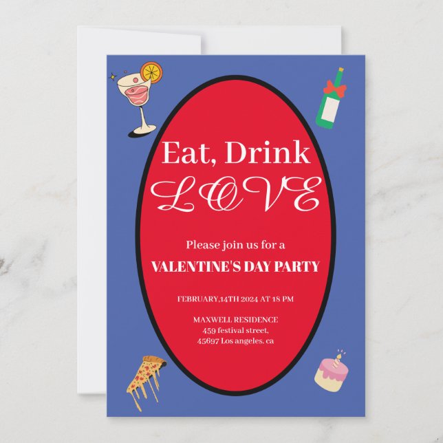 Elegant Eat Drink Love Valentine's Day Hearts Invitation (Front)