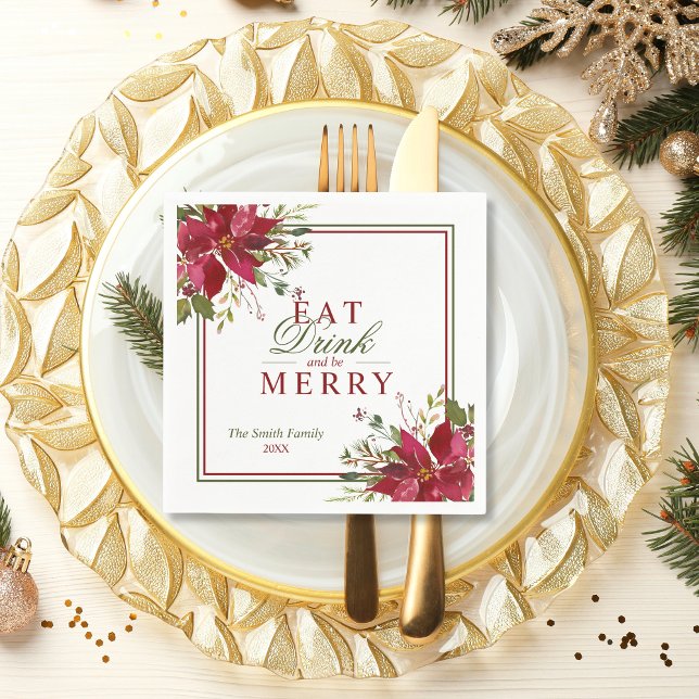 Elegant Eat Drink Merry Christmas Red Poinsettias Napkin (Elegant Eat Drink Merry Christmas Red Poinsettias Napkins)