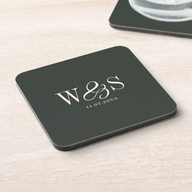 Elegant ebony initial wedding couples coaster (Left Side)