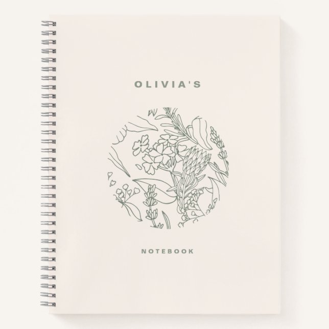 Elegant Ecru Sage Green Flowers Herbs Spiral Notebook (Front)
