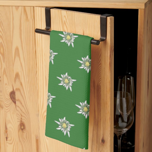 Elegant edelweiss pattern on green background tea towel (Thirds Fold)