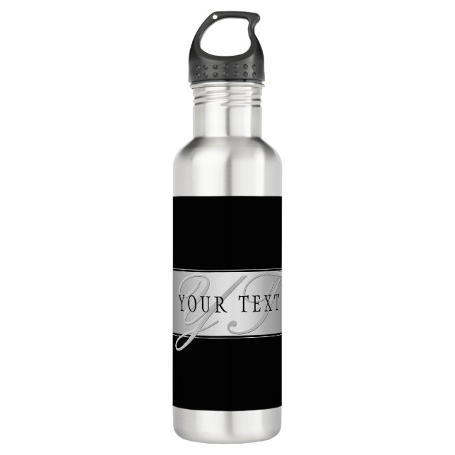 Elegant Editable Monogram Script Writing | Black 710 Ml Water Bottle (Front)