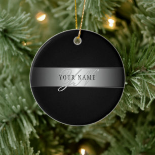 Elegant Editable Monogram Script Writing   Black Ceramic Tree Decoration