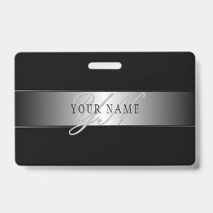 Elegant Editable Monogram Script Writing Black ID Badge