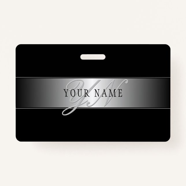Elegant Editable Monogram Script Writing | Black ID Badge (Front)