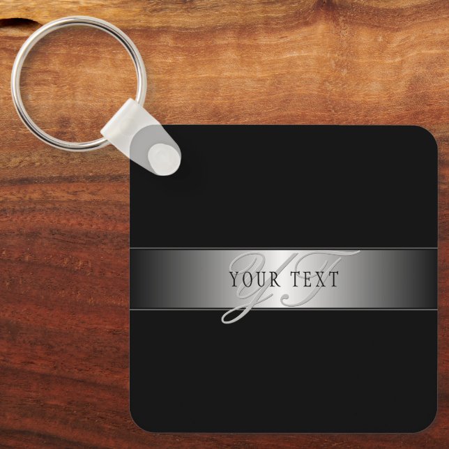 Elegant Editable Monogram Script Writing | Black Key Ring (Front)