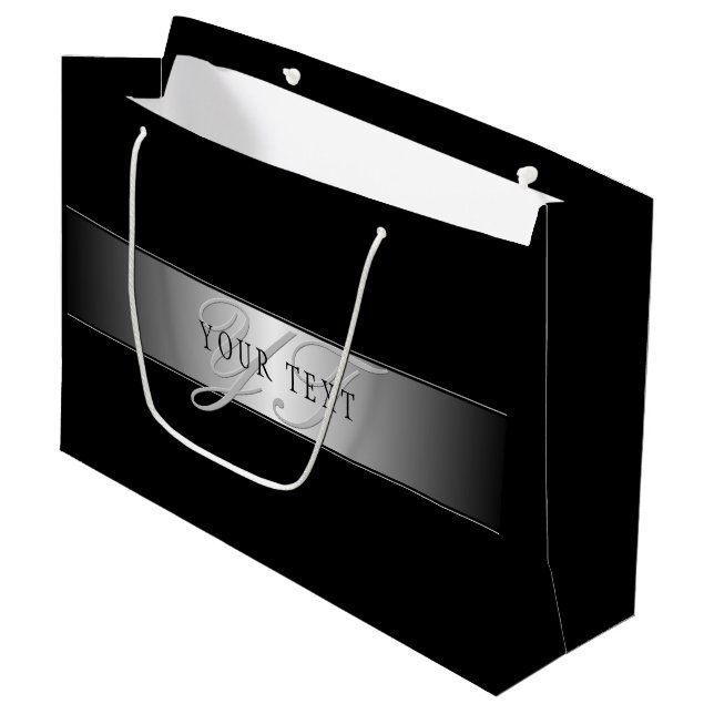 Elegant Editable Monogram Script Writing | Black Large Gift Bag (Front Angled)
