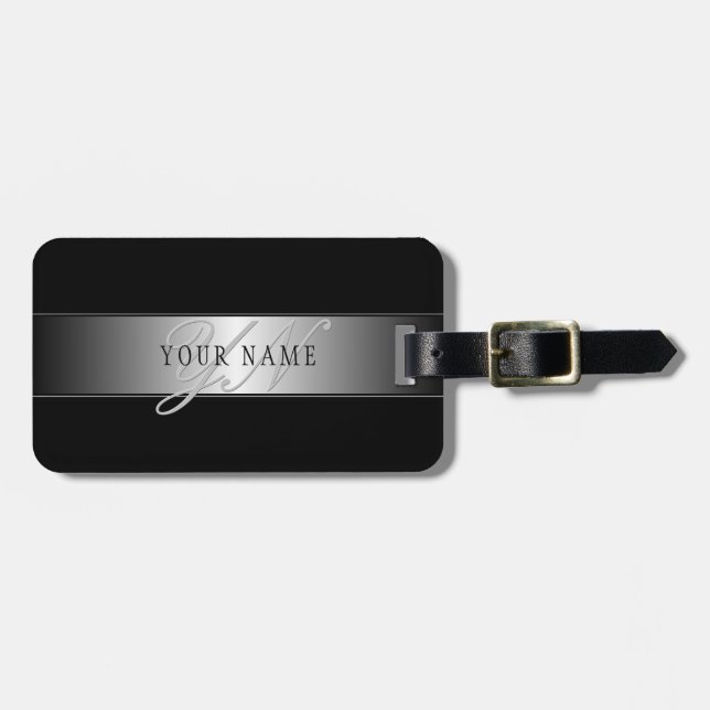 Elegant Editable Monogram Script Writing | Black Luggage Tag (Front Horizontal)