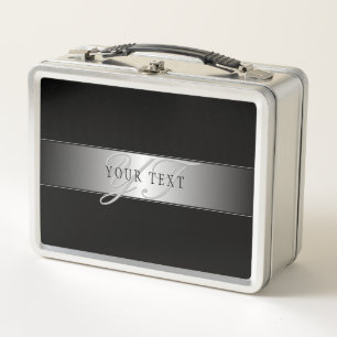 Elegant Editable Monogram Script Writing Black Metal Lunch Box