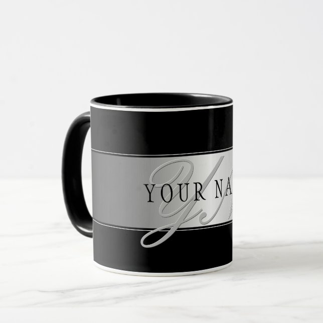 Elegant Editable Monogram Script Writing | Black Mug (Front Left)