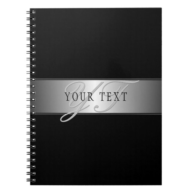 Elegant Editable Monogram Script Writing | Black Notebook (Front)