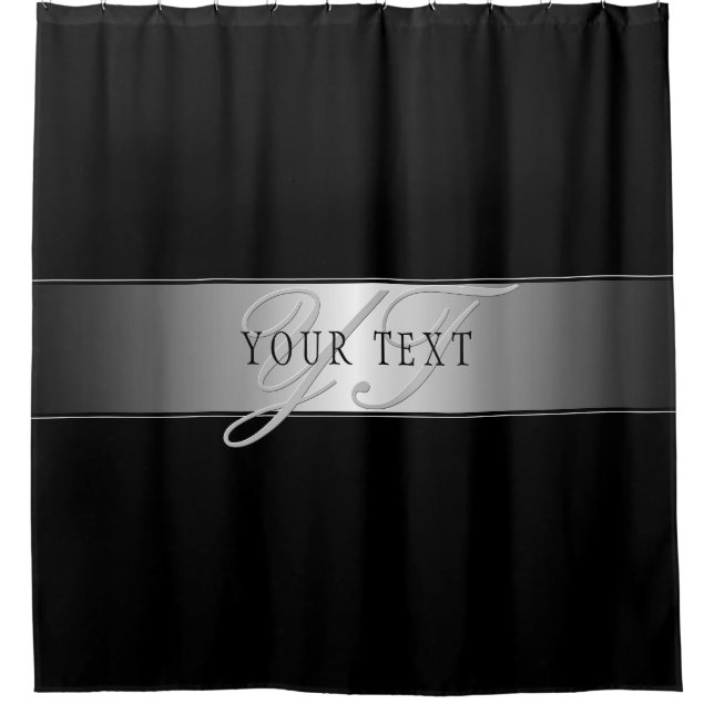 Elegant Editable Monogram Script Writing | Black Shower Curtain (Front)