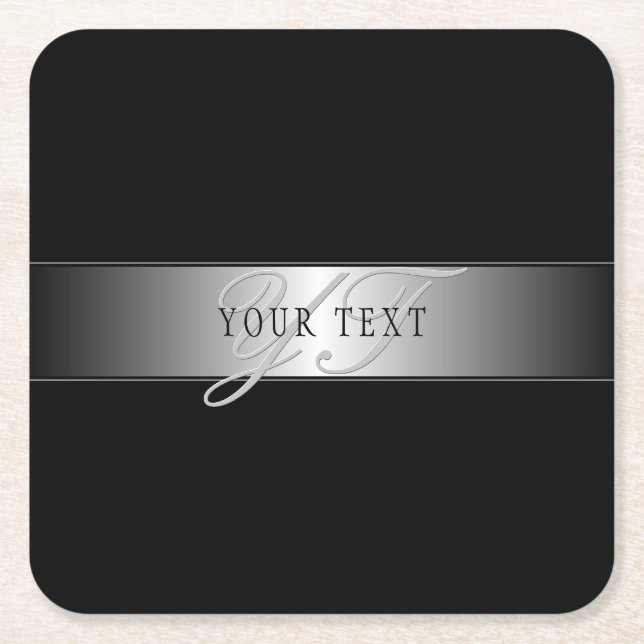 Elegant Editable Monogram Script Writing | Black Square Paper Coaster (Front)