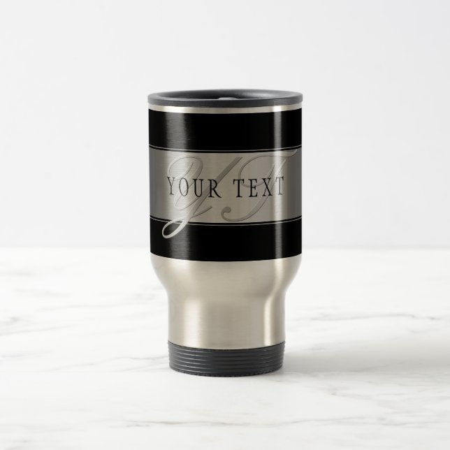 Elegant Editable Monogram Script Writing | Black Travel Mug (Center)