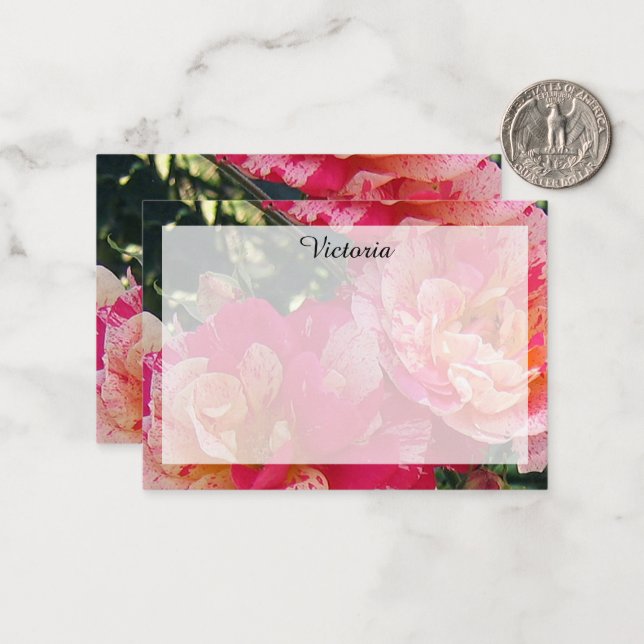 Elegant Editable Pink White Striped Roses Floral Card (Front/Back In Situ)